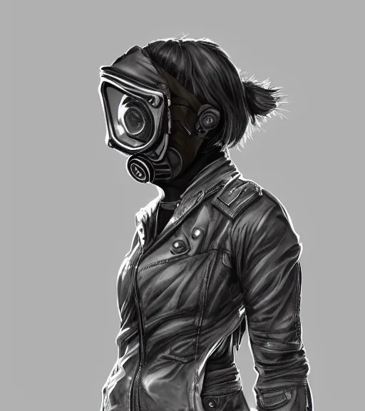 Prompt: a girl wearing a jacket, gas mask, punk outfit, highly detailed, digital painting, artstation, concept art, smooth, sharp focus, illustration
