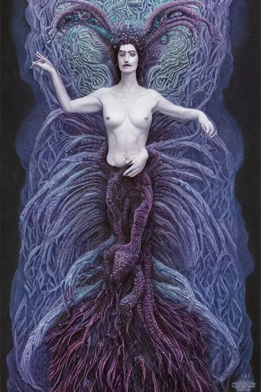 Image similar to cosmic horror eldritch lovecraftian full body portrait of eva green as the emerald queen of feathers by wayne barlowe, agostino arrivabene, denis forkas