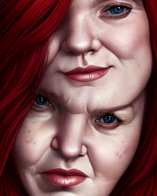 Image similar to portrait of short and plump 5 0 - year - old woman with red hair and a kind face, hyper realistic face, beautiful eyes, character art, art by mark brooks, hyperdetailed, cryengine, trending on artstation, digital art