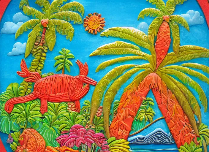 Image similar to colorized stylized bas relief sculpture of a tropical paradise in mexico folk art style