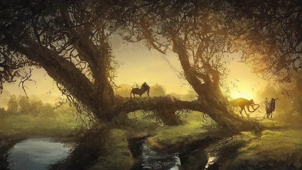 Image similar to over a tree wreathed with vines fly evening crows, under a small bridge near a cottage a stream flows, a lean horse goes on bridge, sunset, by charlie bowater, by greg rutkowski