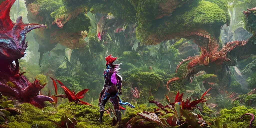 Prompt: explorer woman walking in dragon armour, walking in a dense alien jungle with colourful red, blue and purple plants, large vines, mossy organic rock structures, in the style of monster hunter world, like concept art on artstation, hyperdetailed, vray render, octane render,
