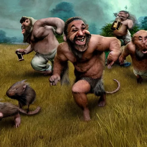 Image similar to a group of dwarves chase rats through an ancient field laughing