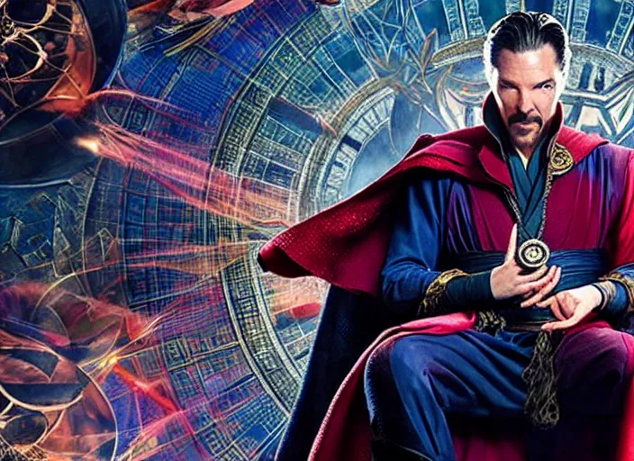 Prompt: film still of dr strange played by benedict cumberbatch sitting on santas lap in the new dr strange movie, 4 k