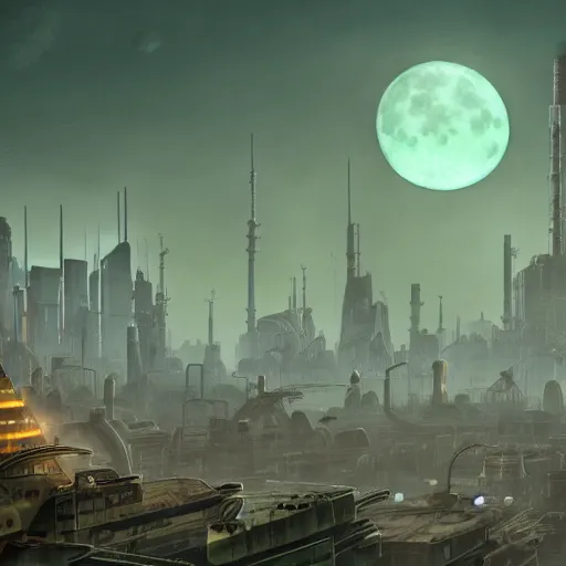 Image similar to a big city like coruscant and rupture farms from oddworld, with green smog sky, tall metal towers, a big moon in the sky, flying vehicles, factories, smoke, in the style of soviet realism