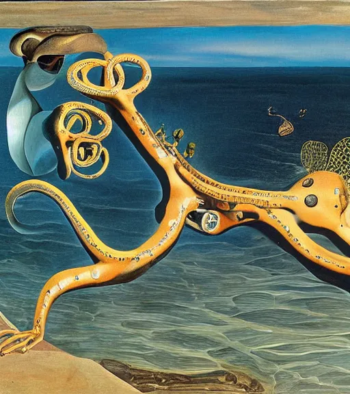Prompt: a cybernetic realistic Callistoctopus macropus found giving a lecture in a shallow area of the Mediterranean Sea, 9pm in Cap de Creus, oil painting by Salvador Dali