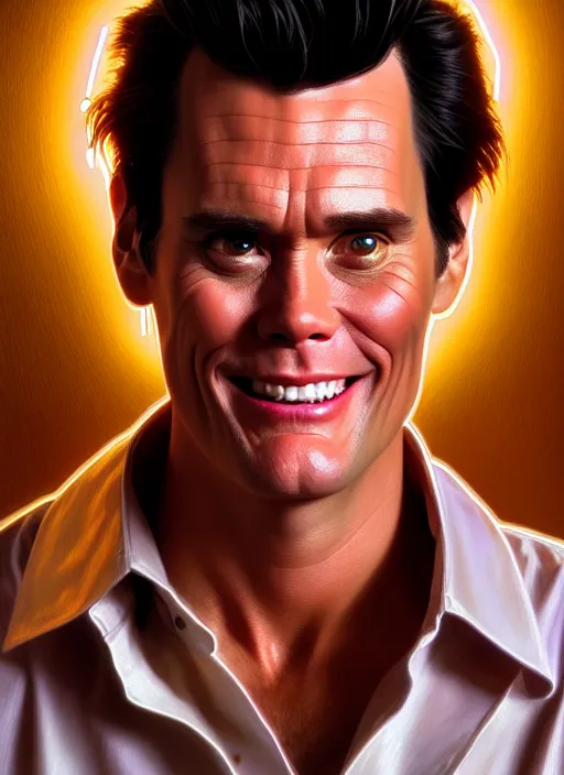 Image similar to portrait of ace ventura jim carrey, glowing lights intricate, elegant, highly detailed, digital painting, artstation, concept art, smooth, sharp focus, illustration, art by artgerm and greg rutkowski and alphonse mucha, 8 k