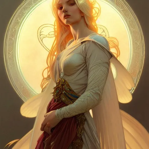 Prompt: Winged girl seraphim with blonde hair and glowing halo, iridescent, fantasy, intricate, elegant, highly detailed, digital painting, artstation, concept art, smooth, sharp focus, illustration, art by Krenz Cushart and Artem Demura and alphonse mucha