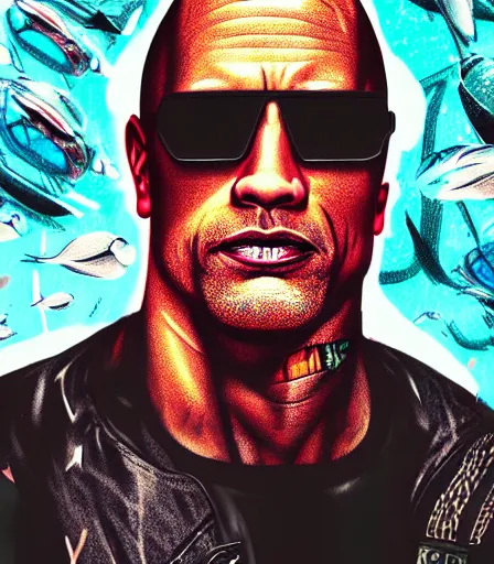 Prompt: hyper detailed comic illustration of a cyberpunk Dwayne Johnson wearing a futuristic sunglasses and a gorpcore jacket, markings on his face, by Android Jones intricate details, vibrant, solid background, low angle fish eye lens