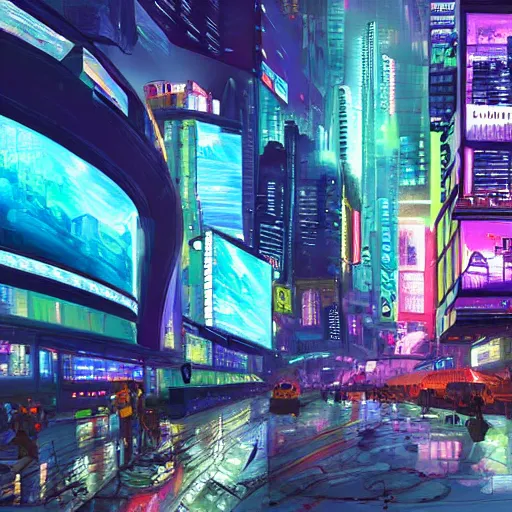 Image similar to photo of futuristic paintings displayed on big screen in cyberpunk city, enormously detailed, digital painting