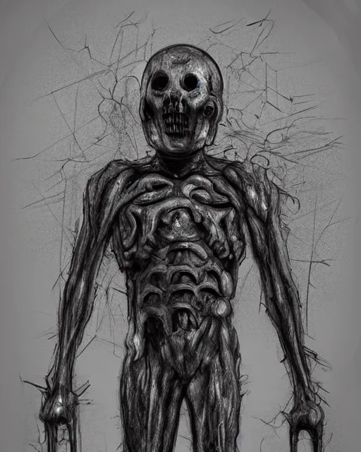 Prompt: full-body creepy realistic sketch central composition a decapitated soldier with futuristic elements. he welcomes you with no head, dark dimension, empty helmet inside is occult mystical symbolism headless full-length view. standing on ancient altar eldritch energies disturbing frightening eerie, hyper realism, 8k, sharpened depth of field, 3D