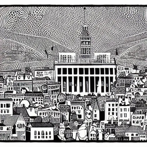 Image similar to mcbess and rutkowski artwork of civilisation. its people were said to be wise and just, and their city was a beautiful place full of wonderful buildings and treasures.