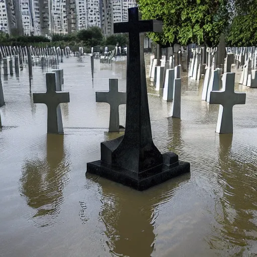 Image similar to The kinetic sculpture shows a grave that has been flooded with water. The grave is located in a cemetery in Italy. The water in the grave is dirty and there is trash floating in it. The grave is surrounded by a fence. cyberpunk by Zaha Hadid, by Tibor Nagy balmy