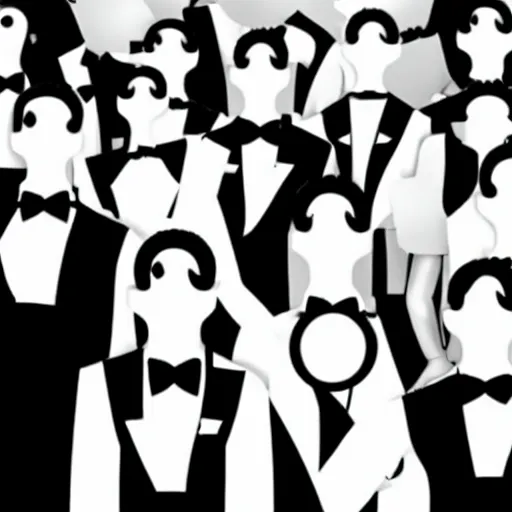 Image similar to a group of faceless humans with long limbs wearing tuxedos