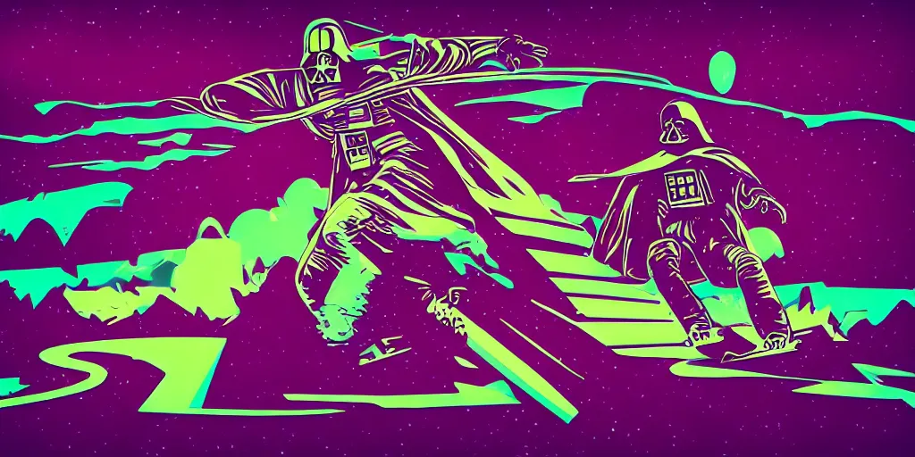 Image similar to vaporwave, vector graphics, synthwave, neon, darth vader snowboarding