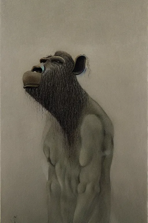 Prompt: painting of alf by zdzisław beksinski, highly detailed, intrincate, dark, moody