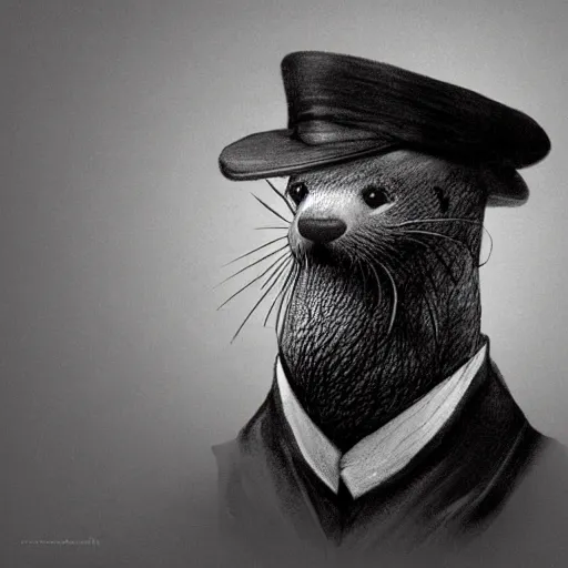 Prompt: anthropomorphic masculine otter in costume in hat, juanjo guarnido, alexandros pyromallis intaglio, concept art, highly detailed, eddotorial illustration, b & w, noir, soft lighting