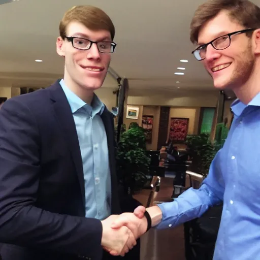 Image similar to scott the woz shakes hands with gigachad