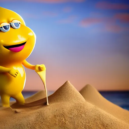 Image similar to 3 d render, of anthropomorphic lemon character, he is wearing a hat, building a sandcastle on the beach at sunset, beach, huge waves, sun, clouds, rim light, cinematic photography, professional, sand, sandcastle, volumetric lightening