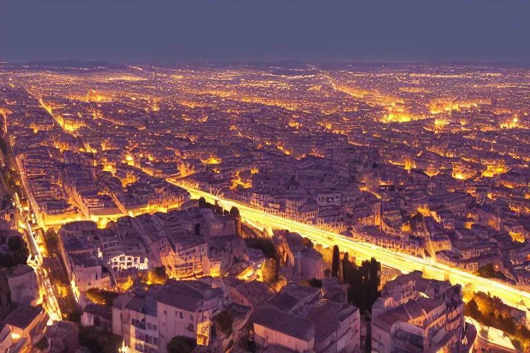 Image similar to Cityscape of Lunel in France as a cyberpunk futuristic city, 4K, wide view, neon lights