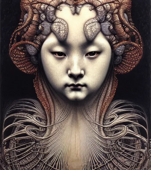 Prompt: detailed realistic beautiful geisha face portrait by jean delville, gustave dore, iris van herpen and marco mazzoni, art forms of nature by ernst haeckel, art nouveau, symbolist, visionary, gothic, neo - gothic, pre - raphaelite, fractal lace, intricate alien botanicals, ai biodiversity, surreality, hyperdetailed ultrasharp octane render