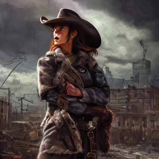 Prompt: fallout 5, charismatic beautiful, rugged, brunette female protagonist wearing a cowboy - hat, portrait, outdoors ruined cityscape, atmospheric lighting, painted, intricate, volumetric lighting, beautiful, daytime, harsh winter weather, sharp focus, cold, deep colours, ultra detailed, by leesha hannigan, ross tran, thierry doizon, kai carpenter, ignacio fernandez rios