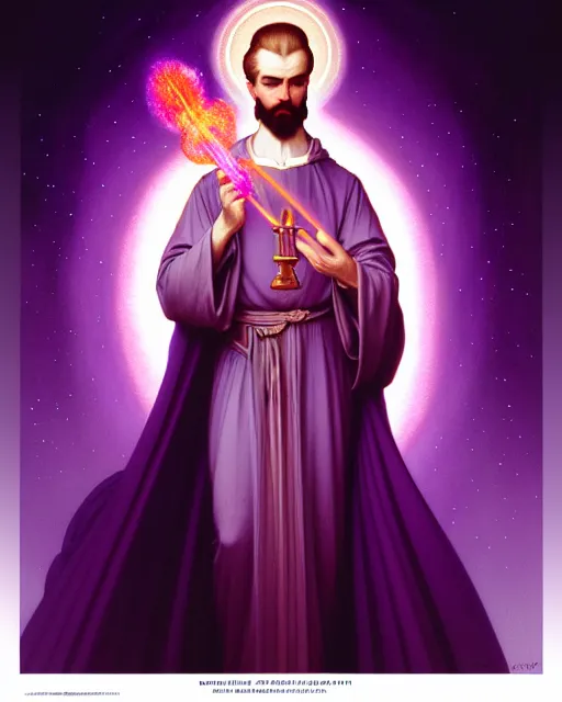 Image similar to portrait of saint germain, he is holding the violet purple indigo flame, completely violet colored, intricate, elegant, highly detailed, digital painting, artstation, concept art, smooth, sharp focus, illustration, art by artgerm and greg rutkowski and fra angelico and alphons mucha