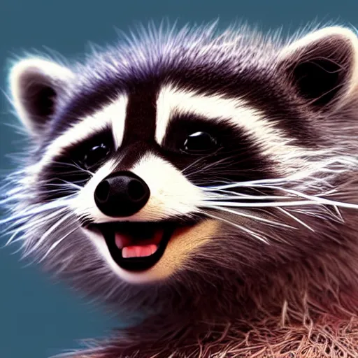 Prompt: smiling raccoon holding cotton candyfloss high resolution photo realistic artstation