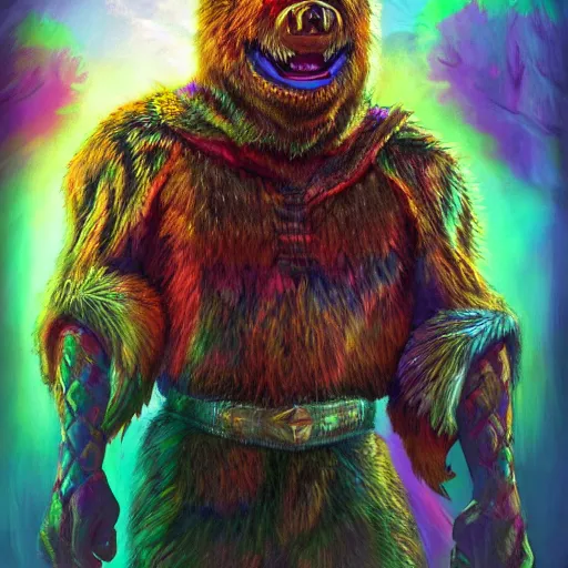 Prompt: bright, colorful, realistic, detailed from Elder Scrolls: shivering isles concept portrait monster wear-bear backlighting, kodachrome, high contrast, highly detailed, sharp focus, digital painting, concept art, illustration, trending on artstation, comic book by Alex Ross and Adam Adamowicz cover art