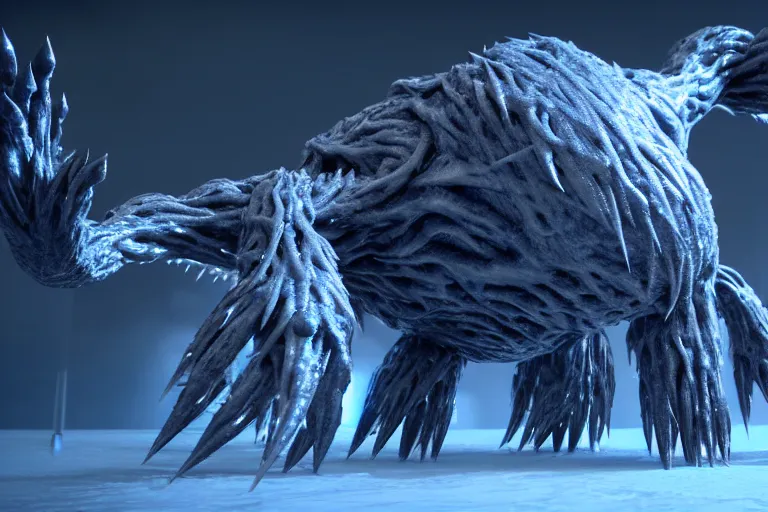Prompt: huge bulky ice creature made out of a humanoid nervous system with large meaty spikes all over the body, cinematic, volumetric lighting, f 8 aperture, cinematic eastman 5 3 8 4 film, photorealistic