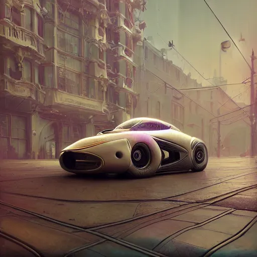 Image similar to cyborg cyber vintage supercar slick, warm pastel tones : by michal karcz, daniel merriam, victo ngai and guillermo del toro : ornate, dynamic, particulate, intricate, elegant, highly detailed, centered, artstation, smooth, sharp focus, octane render