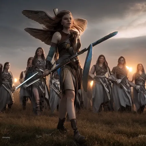 Image similar to the goddesses fraya going to war with her army of valkyries, golden hour, 8 k uhd, high detail, awe - inspiring.