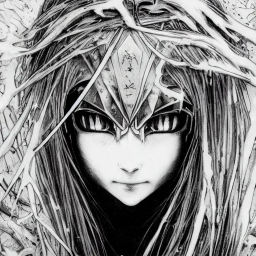 Image similar to yoshitaka amano realistic illustration of an anime girl with black eyes, wavy white hair fluttering in the wind and cracks on her face wearing elden ring armor with engraving, abstract black and white patterns on the background, noisy film grain effect, highly detailed, renaissance oil painting, weird portrait angle, three quarter view, head turned to the side