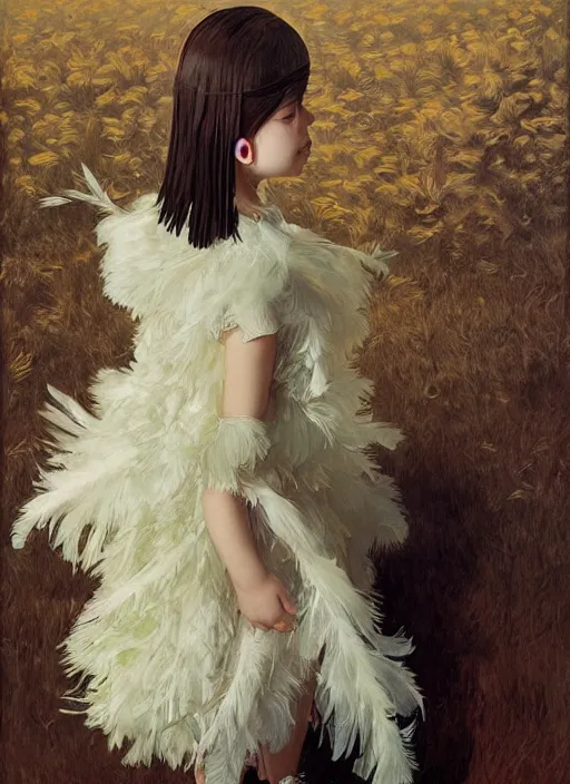 Image similar to little girl with an eccentric haircut wearing an dress made of feathers, artwork made by ilya kuvshinov and donato giancola