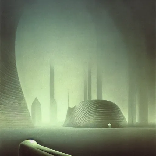 Image similar to arm reaching out of thick fog, round buildings in background, smooth architecture, organic, sophisticated, zdzislaw beksinski, architecture of frank lloyd wright, zaha hadid, norman foster