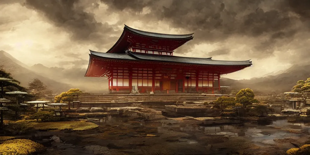 Prompt: a japanese buddhist temple. a fantasy digital painting by romain jouandeau, greg rutkowski, richard schmid, misty clouds, atmospheric lighting, photorealistic, dynamic lighting, highly detailed, cinematic landscape, architectural concept, full building, dynamic angle, line art, golden rays,