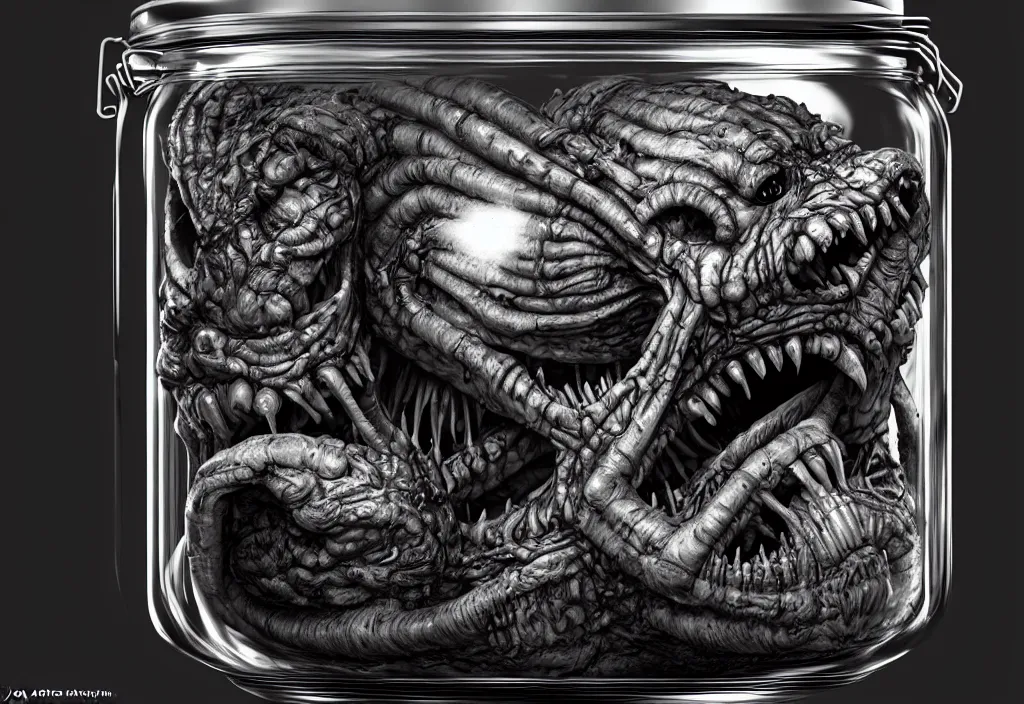 Image similar to Photorealistic miniature monster inside a jar on clean background by H.R. Giger, KDA and Sam Yang, trending on artstation