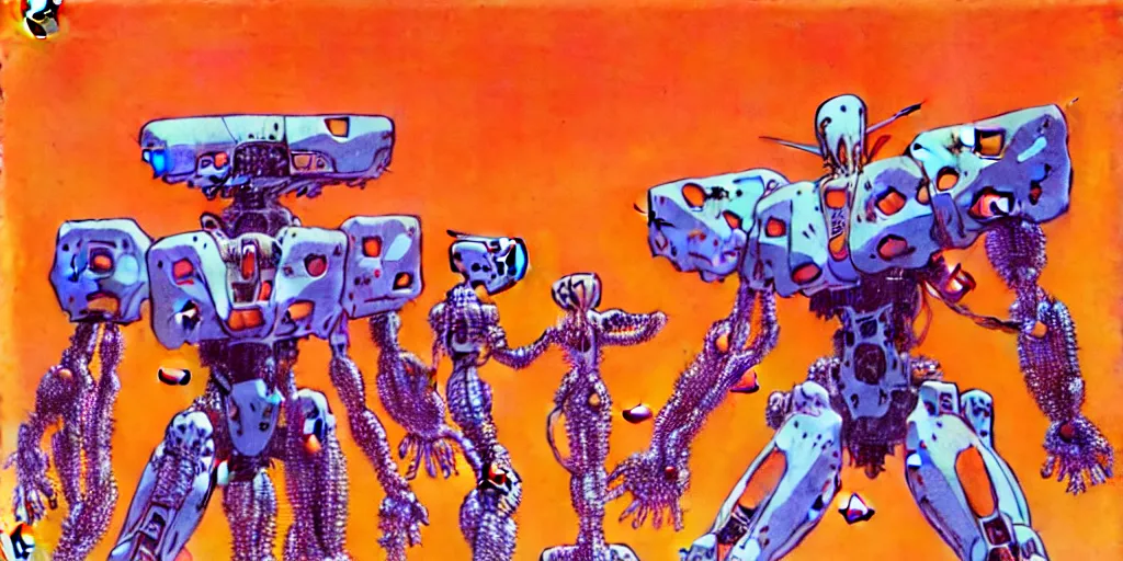 Image similar to risograph rendition of extremely - detailed white huge evangelion - like mech with a lot of orange tiny balls on it, children faces, ominous, intricate complexity, dramatic, epic composition, atmospheric, painting by moebius