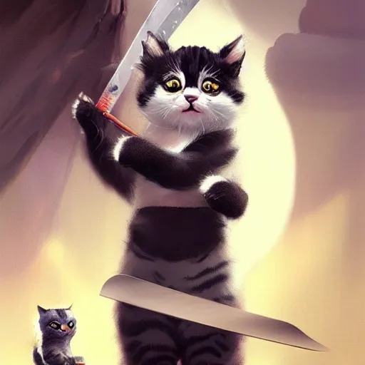 Prompt: drawning of a cute kitten with panda body and cat face, in a kimono, holds a sword, artwork by greg rutkowski, highly detailed, matte painting, digital art, 4 k