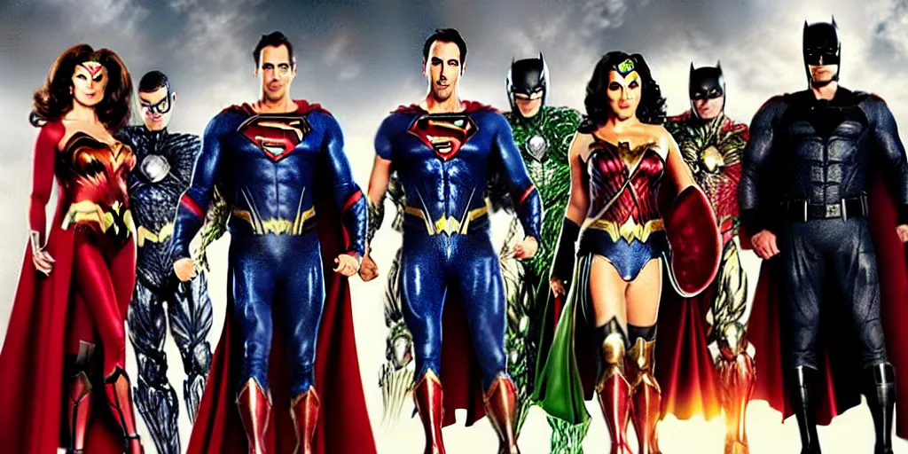 Image similar to DC Justice League with Lynda Carter, Nicolas Cage, Michael Keaton and Wesley Snipes