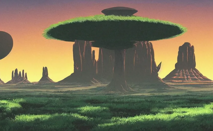 Prompt: a cell - shaded studio ghibli concept art from paprika ( 2 0 0 6 ) of a ufo with lights from close encounters of the third kind ( 1 9 7 7 ) sitting on top of a lush temple that looks like monument valley stonehenge jungle. a giant camel is in the foreground. very dull colors, hd, 4 k, hq