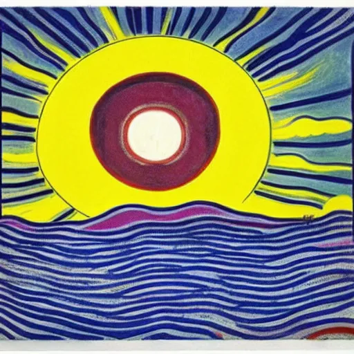 Image similar to sun shining through clouds, Edvard Munch, David Hockney, Takashi Murakami, Minimalist,