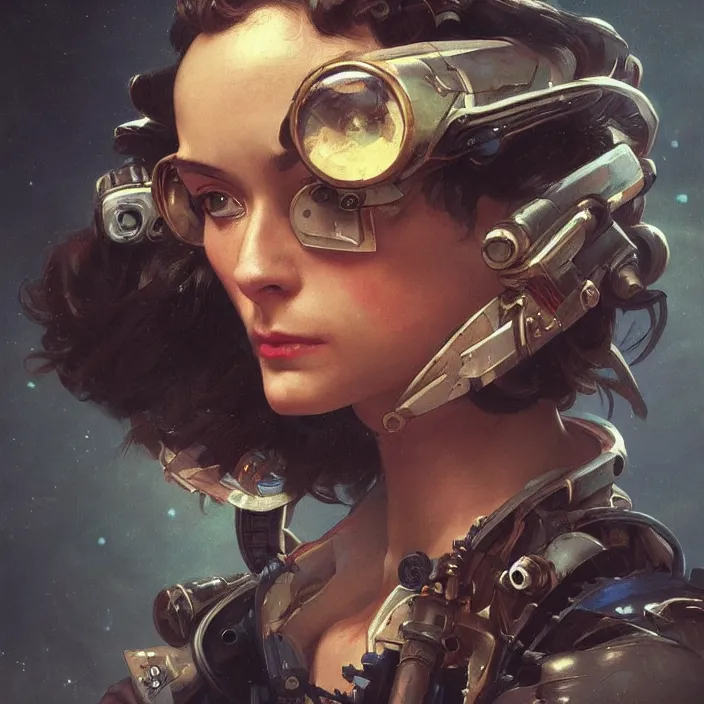 Prompt: a head and shoulders portrait of a space pirate, neon, retro, steampunk, smooth, sharp focus, intricate, artstation, detailed concept art by Caravaggio and Greg Rutkowski and Alphonse Mucha and Norman Rockwell