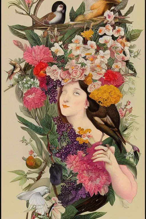 Prompt: beautiful girl Amalgamation with flowers, fruits, birds by Beto Val, John James Audubon, vintage illustration, bizarre compositions, Exquisite detail