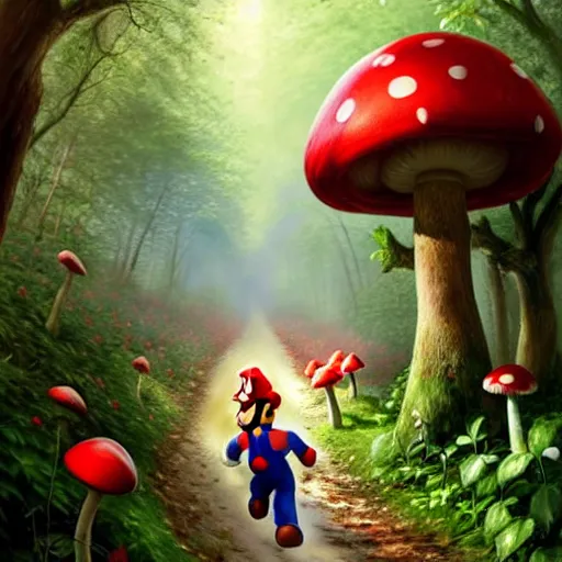 Image similar to portrait of Mario, running through a forest, in the Mushroom Kingdom, giant red and white spotted mushrooms, and roses, from behind, Castle in distance, birds in the sky, sunlight and rays of light shining through trees, beautiful, solarpunk!!!, highly detailed, digital painting by Michael Garmash and Peter Mohrbacher