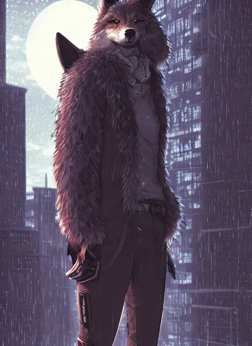 Image similar to character portrait of a male anthro wolf fursona with a tail and a cute beautiful attractive detailed furry face wearing stylish cyberpunk clothes in a cyberpunk city at night while it rains. hidari, color page, tankoban, 4K, tone mapping, Akihiko Yoshida. Nomax, Kenket, Rukis.