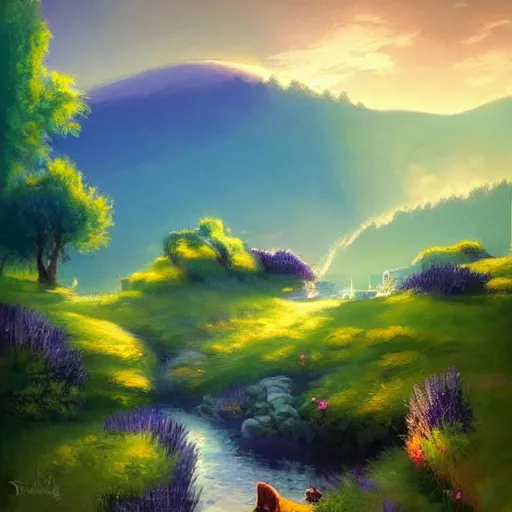 Prompt: A beautiful street art of of a landscape. It is a stylized and colorful view of an idyllic, dreamlike world with rolling hills, peaceful looking animals, and a flowing river. The scene looks like it could be from another planet, or perhaps a fairy tale. lavender by Marek Okon, by Stuart Immonen fine