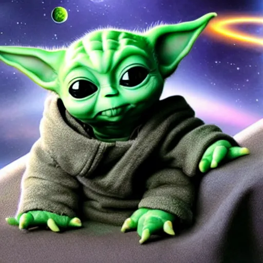 Prompt: Baby Yoda chilling in space