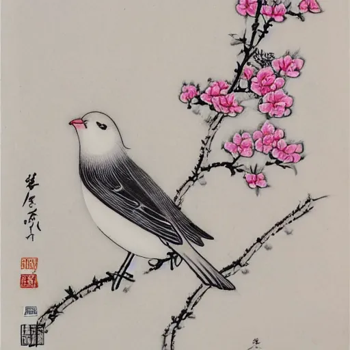 Prompt: a bird sitting on the flower,chinese style line drawing,gongbi