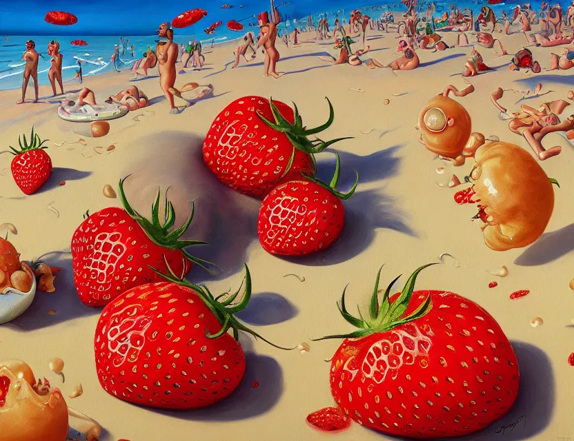 Prompt: a funny detailed high resolution oil painting with dirty old brush of a lazy red burning and melting tomato with to many googly eyes on a beach to hot for the sun, big piles of strawberry icecream in cones falling from the sky on a sunset by james jean and fernando botero